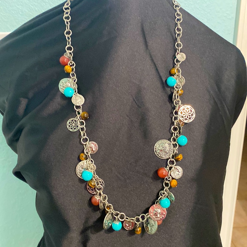 Long necklace with turquoise & brown beads and metal coins